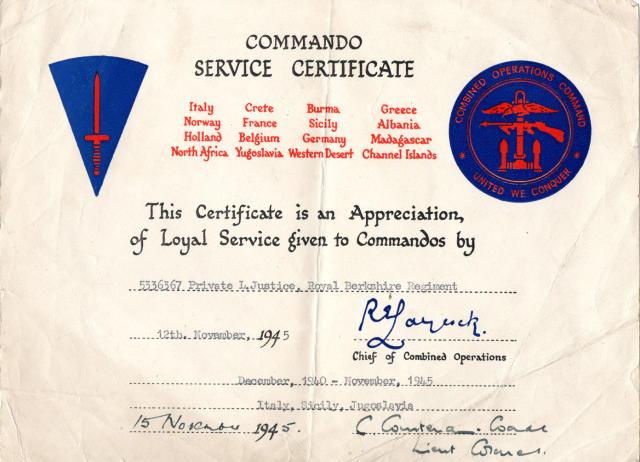 Commando Service Certificate for Len Justice