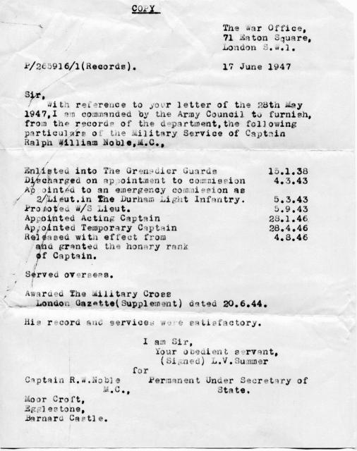 War Office letter re service of Captain Noble MC, No.5 Commando