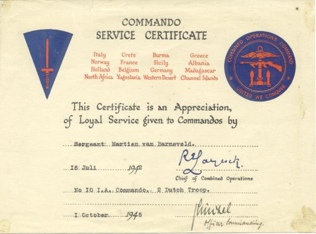 Commando Service Certificate of Martien van Barneveld