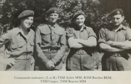 TSM Aylett MM, RSM Burden BEM, TSM Caiger, and TSM Beaven MM; 45RM Commando