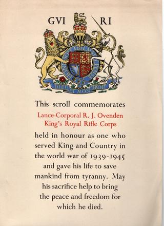 Lance Corporal Ovenden (No.4 Commando) died on DDay at Normandy