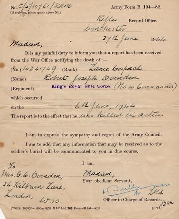 Army notification to the wife of LCpl Ovenden No.4 Commando