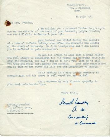 Letter to LCpl Ovenden's wife from A/Lt.Col. Ronald Menday (No.4 Cdo)