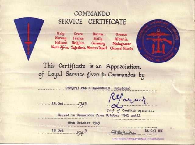 Commando Service Certificate for Pte Hugh MacKenzie No.1 Cdo.
