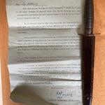 Laycock letter to LSgt James Holland (CBTC) alongside his fighting knife