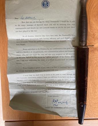 Laycock letter to LSgt James Holland (CBTC) alongside his fighting knife