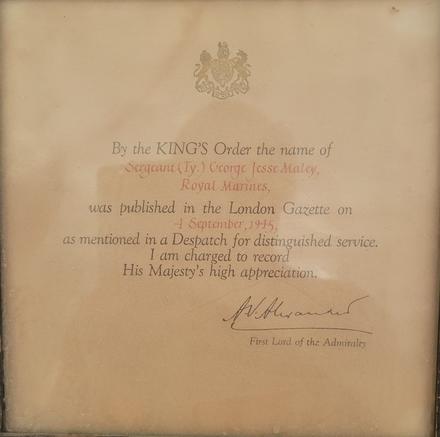 Sgt. Maley 41RM Commando, MiD certificate