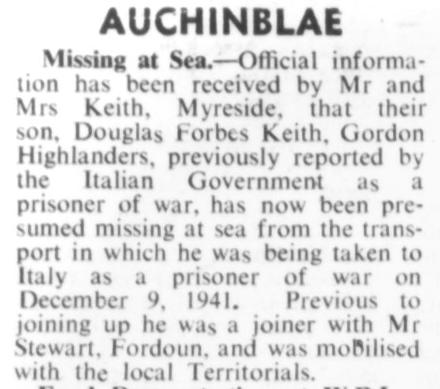 Newspaper report about Private Douglas Keith ('L' Detachment SAS)