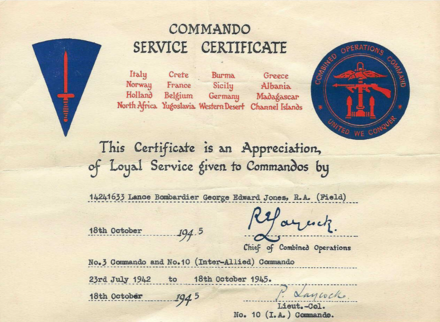 Commando Service Certificate for LBdr George Edward Jones
