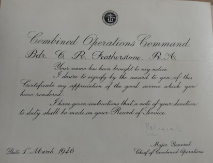 Bdr. C.R. 'Ron' Featherstone, Combined Operations Certificate of good service
