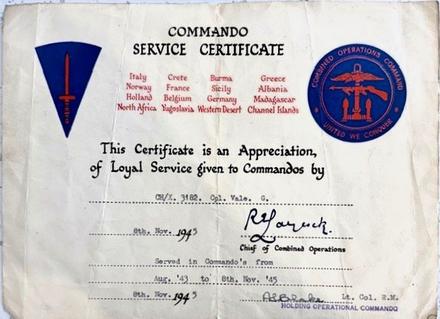 Commando Service Certificate for Cpl. George Ellis Vale RM