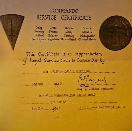 Commando Service Certificate for Laurence Holland RM Engineer Commando