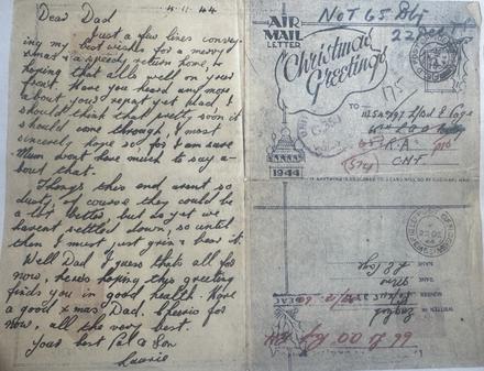 Letter from Mne. L.E.Page, 44RM Cdo. to his father who was serving in the Royal Artillery