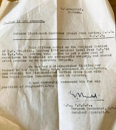 Reference for Surgeon Lt. Cdr. Ernest Owen Davies D.S.C., R.N.V.R.