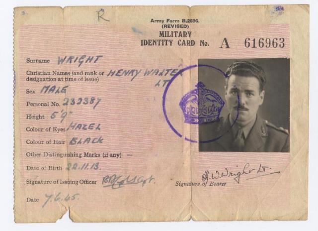 Lt H W Wright's  Military Identity Card 1945 (obverse)