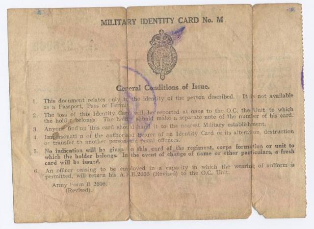 Lt H W Wright's Military Identity Card 1945 (reverse)