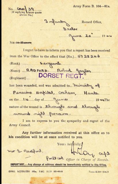 Injury report for Sgt Radford No.4 Cdo. HQ.