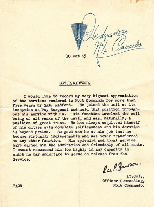 1945 testimonial from Commanding Officer for Sgt Radford