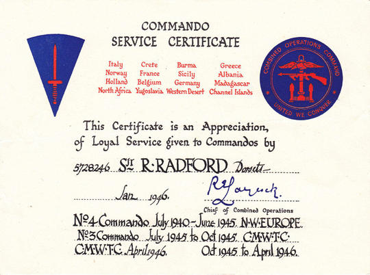 Commando Service Certificate Sgt Robert Radford