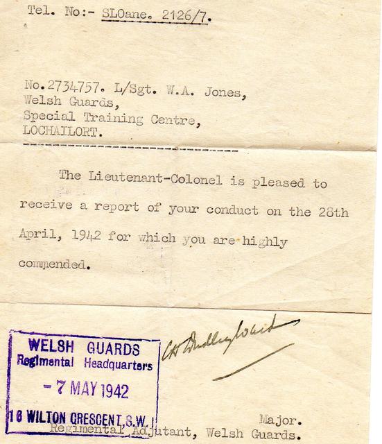 Letter of commendation for LSgt William Jones No.4 Commando
