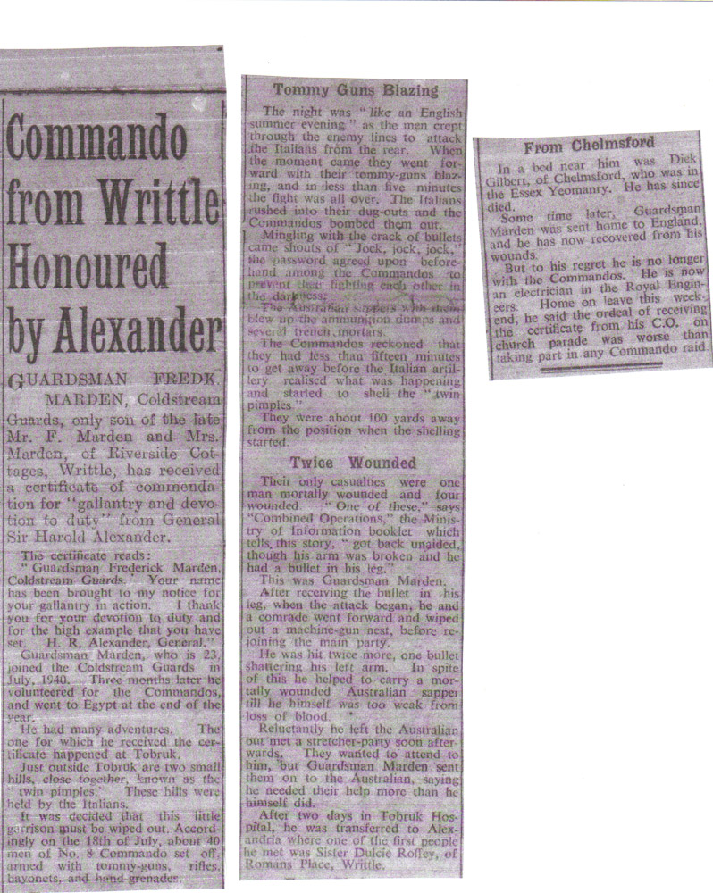 Newspaper article about Guardsman Frederick Charles Marden