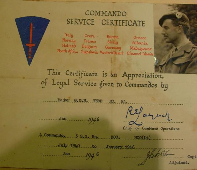 Commando Service Cerificate for Major Webb MC and bar