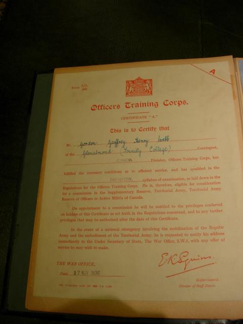 College Officer Training Corps certificate for Gordon Webb