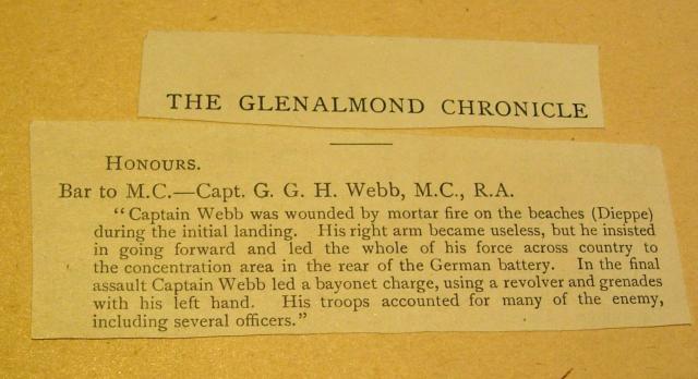 Glenalmond Chronicle entry with detail of the bar to the MC for Capt. Webb
