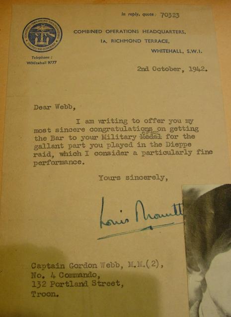 Mountbatten letter re award of bar to the MC for Capt. Webb, No.4 Cdo.