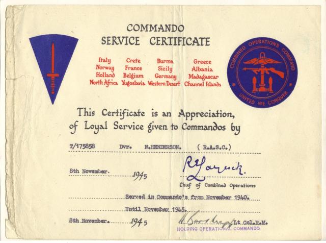 Commando Service Certificate for Dvr Norman Henderson No.4 Cdo