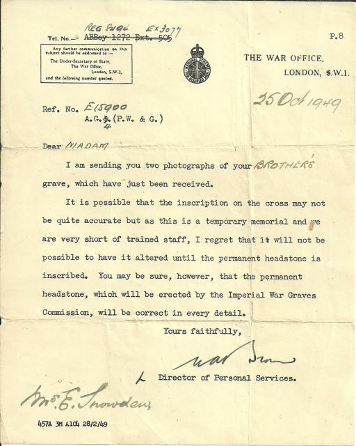 Letter from the War Office re the grave of Tpr Stephen Greenwood