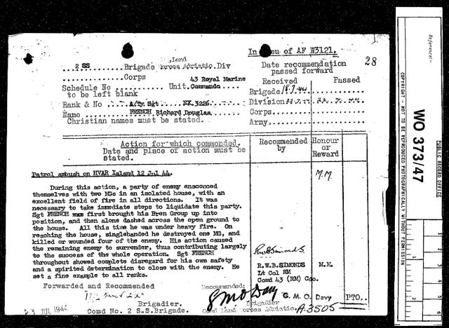 Citation recommending the Military Medal for Sgt. French 43RM Cdo.