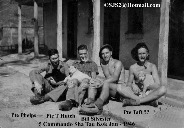 Pte Phelps, ?, Bill Silvester and Pte Leo Hatch. No.5 Cdo. Sha Tau Kok Chinese border January 1946.