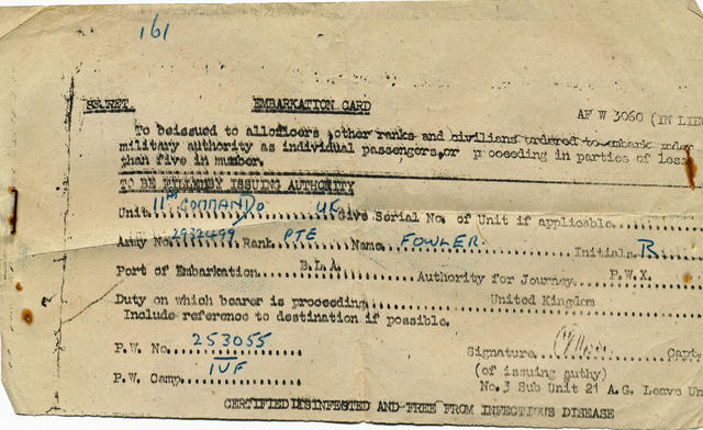 Embarkation card for Pte Fowler, No.11 Commando