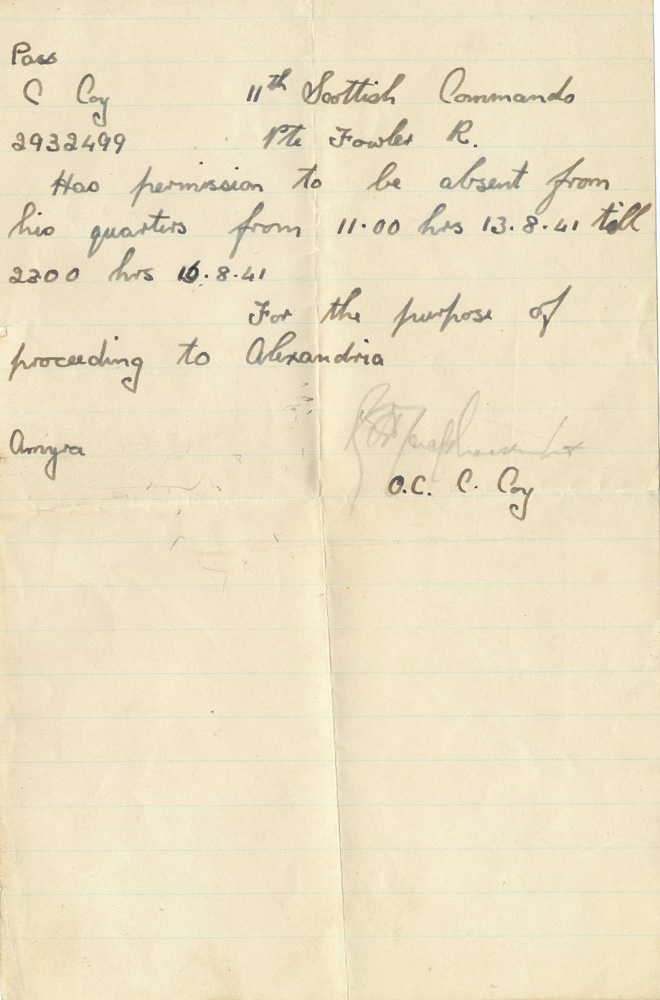 Handwritten pass signed by Capt Tommy MacPherson, No.11 Commando