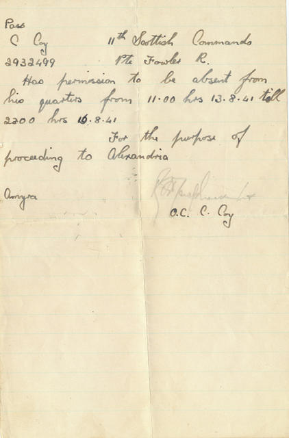 Handwritten pass signed by Capt Tommy MacPherson, No.11 Commando