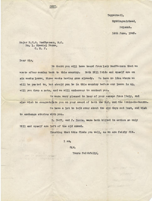 Letter from Robert Fowler to Major Tommy MacPherson MC