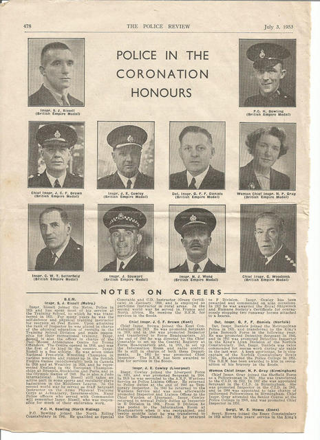 1953 Coronation Honours announcement for Insp. Bissell