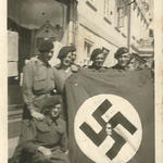 1 Bde Signallers McCrae, Duce, Jackson Duffy, outside billet, Neustadt 1945. (