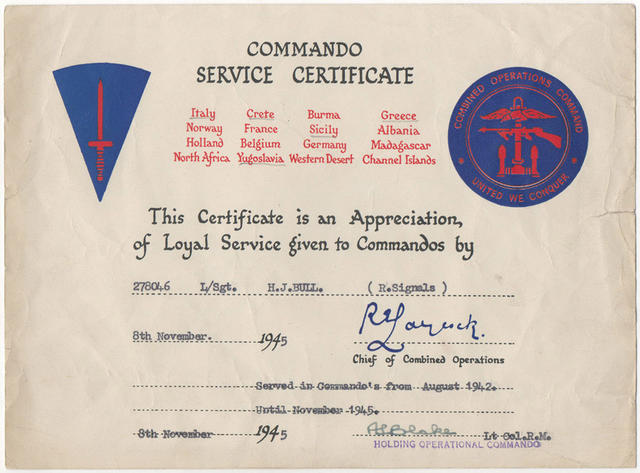 Commando Service Certificate for L/Sgt Bull, 2 Cdo Bde Sigs.