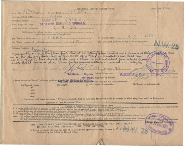 Soldiers Release for Harold James Bull, 2 Commando Bde., Sigs.