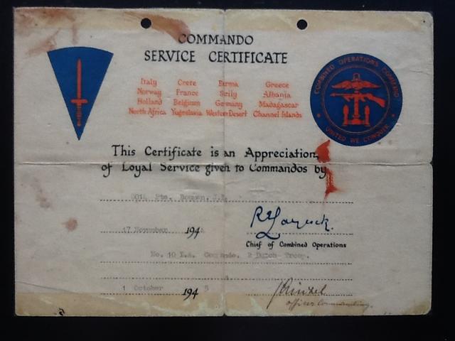 Commando Service Certificate for J.L.Bouman, No 10(IA) Commando 2 'Dutch' troop