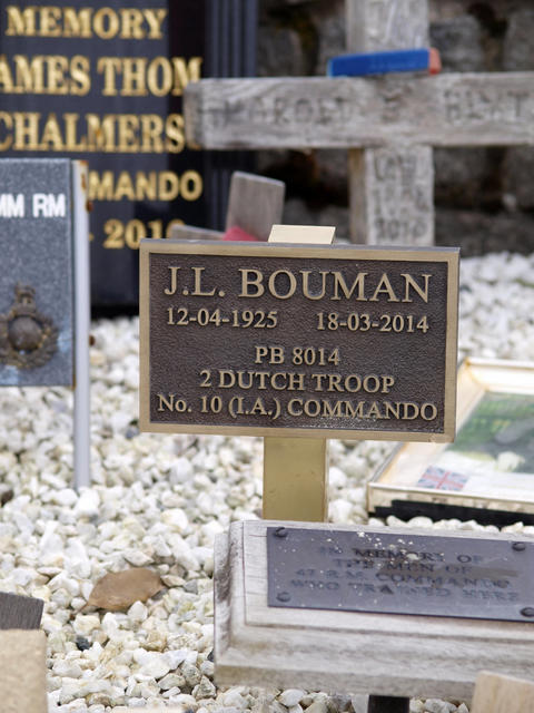 Plaque for J.L. Bouman, No.10(IA) Cdo 2 troop, Area of remembrance at the Commando Memorial
