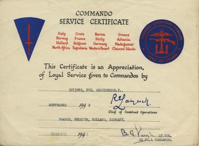 Commando Certificate for Pte Thomas McGuinness, No 4 Cdo.