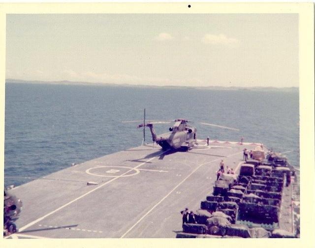 US Marines Jolly Green on flight deck of Hermes, Ex WestLant 1975