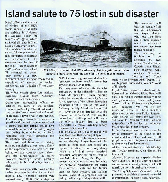Alderney Press cutting re loss of HMS Affray