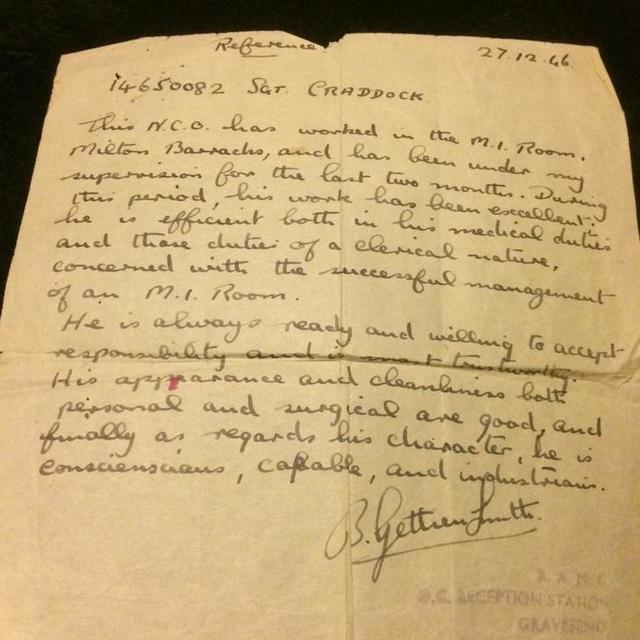 Reference letter of Sgt Raymond Craddock
