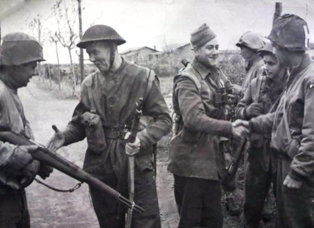 No. 9 Commandos and Rangers meet on the road from Anzio to Rome.