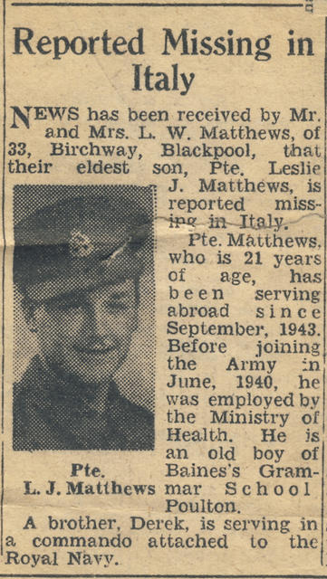 Newspaper report announcing Pte Matthews as missing