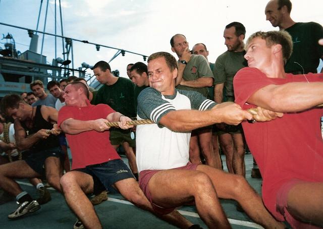 299 Troop's winning tug of war team on a Landing Ship Logistic in the Far East 1997